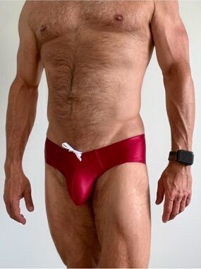 Men's Low-Rise Swim Brief in Deep Red with Drawstring